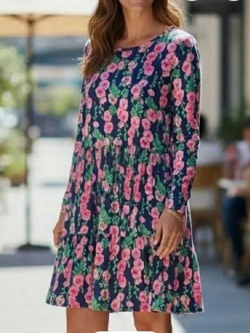 Lilly Pulitzer Navy Floral Long Sleeve Tiered Dress with Pink Roses